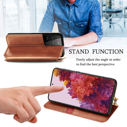 For Samsung Galaxy S21 Ultra 5G Cubic Grid Pressed Horizontal Flip Magnetic PU Leather Case with Holder & Card Slots & Wallet(Brown)-garmade.com