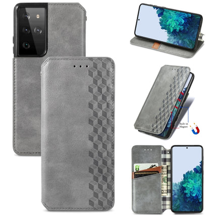 For Samsung Galaxy S21 Ultra 5G Cubic Grid Pressed Horizontal Flip Magnetic PU Leather Case with Holder & Card Slots & Wallet(Gray)-garmade.com