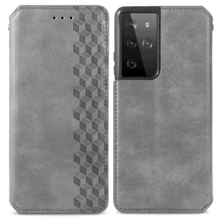 For Samsung Galaxy S21 Ultra 5G Cubic Grid Pressed Horizontal Flip Magnetic PU Leather Case with Holder & Card Slots & Wallet(Gray)-garmade.com