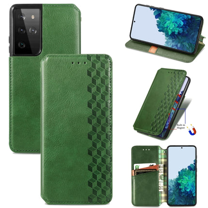 For Samsung Galaxy S21 Ultra 5G Cubic Grid Pressed Horizontal Flip Magnetic PU Leather Case with Holder & Card Slots & Wallet(Green)-garmade.com