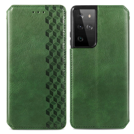For Samsung Galaxy S21 Ultra 5G Cubic Grid Pressed Horizontal Flip Magnetic PU Leather Case with Holder & Card Slots & Wallet(Green)-garmade.com