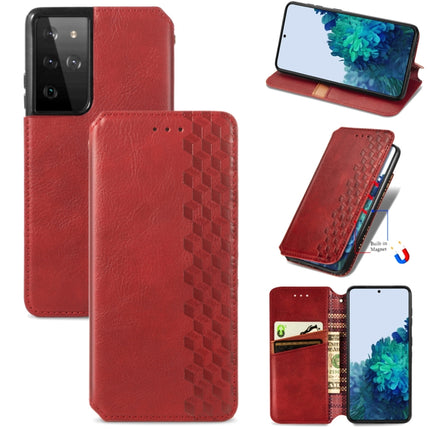 For Samsung Galaxy S21 Ultra 5G Cubic Grid Pressed Horizontal Flip Magnetic PU Leather Case with Holder & Card Slots & Wallet(Red)-garmade.com