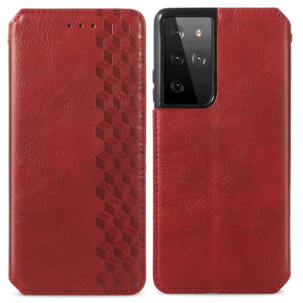 For Samsung Galaxy S21 Ultra 5G Cubic Grid Pressed Horizontal Flip Magnetic PU Leather Case with Holder & Card Slots & Wallet(Red)-garmade.com