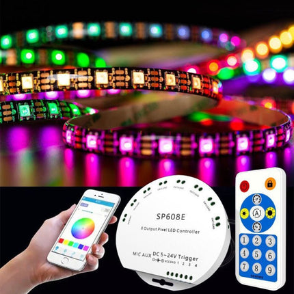 SP608E Dual Signal Output Mobile APP Control Bluetooth LED Controller Kit for WS2812B WS2811 1903 1804 Pixel LED Strip, DC5V~24V-garmade.com