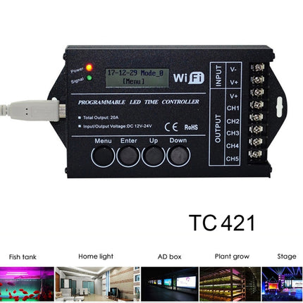 TC421 20A WiFi Programmable 5CH RGB LED Time Controller for Aquarium, Fish Tank, Plant Growth, DC 12-24V-garmade.com