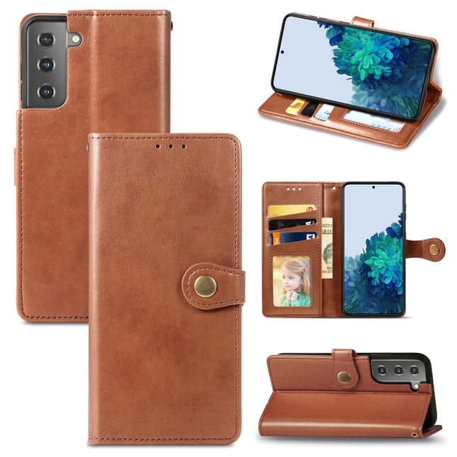 For Samsung Galaxy S21 Plus 5G Retro Solid Color Leather Buckle Phone Case with Lanyard & Photo Frame & Card Slot & Wallet & Stand Function(Brown)-garmade.com