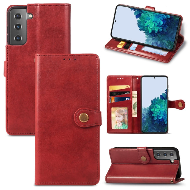 For Samsung Galaxy S21 Plus 5G Retro Solid Color Leather Buckle Phone Case with Lanyard & Photo Frame & Card Slot & Wallet & Stand Function(Red)-garmade.com
