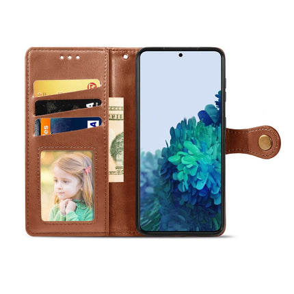 For Samsung Galaxy S21 5G Retro Solid Color Leather Buckle Phone Case with Lanyard & Photo Frame & Card Slot & Wallet & Stand Function(Brown)-garmade.com