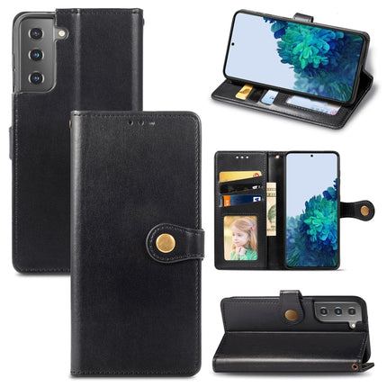 For Samsung Galaxy S21 5G Retro Solid Color Leather Buckle Phone Case with Lanyard & Photo Frame & Card Slot & Wallet & Stand Function(Black)-garmade.com