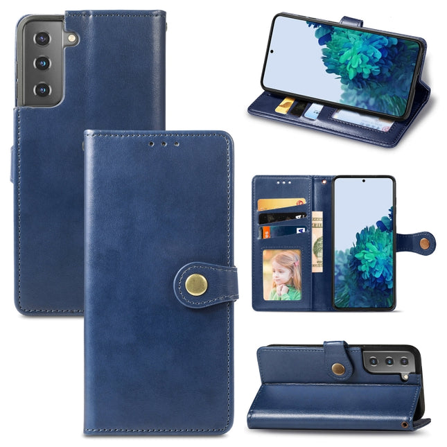For Samsung Galaxy S21 5G Retro Solid Color Leather Buckle Phone Case with Lanyard & Photo Frame & Card Slot & Wallet & Stand Function(Blue)-garmade.com