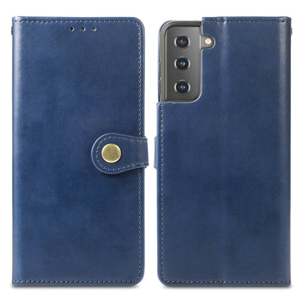 For Samsung Galaxy S21 5G Retro Solid Color Leather Buckle Phone Case with Lanyard & Photo Frame & Card Slot & Wallet & Stand Function(Blue)-garmade.com