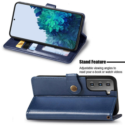 For Samsung Galaxy S21 5G Retro Solid Color Leather Buckle Phone Case with Lanyard & Photo Frame & Card Slot & Wallet & Stand Function(Blue)-garmade.com