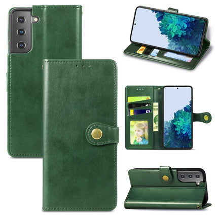 For Samsung Galaxy S21 5G Retro Solid Color Leather Buckle Phone Case with Lanyard & Photo Frame & Card Slot & Wallet & Stand Function(Green)-garmade.com