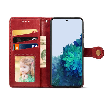For Samsung Galaxy S21 5G Retro Solid Color Leather Buckle Phone Case with Lanyard & Photo Frame & Card Slot & Wallet & Stand Function(Red)-garmade.com