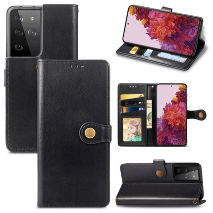 For Samsung Galaxy S21 Ultra 5G Retro Solid Color Leather Buckle Phone Case with Lanyard & Photo Frame & Card Slot & Wallet & Stand Function(Black)-garmade.com