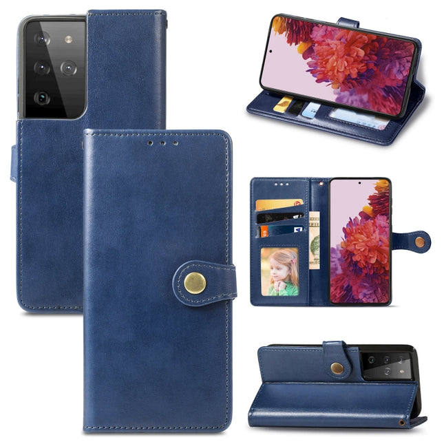 For Samsung Galaxy S21 Ultra 5G Retro Solid Color Leather Buckle Phone Case with Lanyard & Photo Frame & Card Slot & Wallet & Stand Function(Blue)-garmade.com