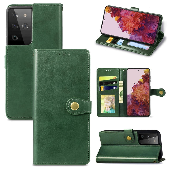 For Samsung Galaxy S21 Ultra 5G Retro Solid Color Leather Buckle Phone Case with Lanyard & Photo Frame & Card Slot & Wallet & Stand Function(Green)-garmade.com