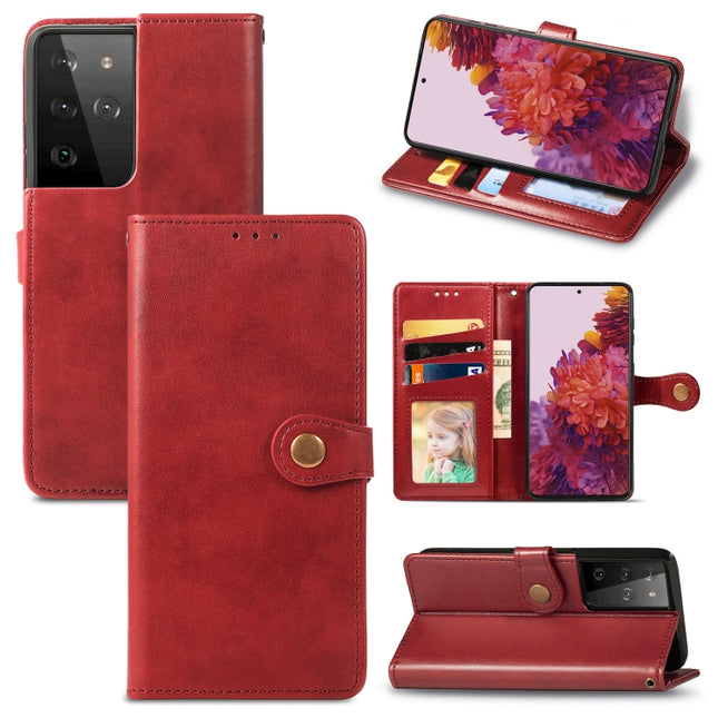 For Samsung Galaxy S21 Ultra 5G Retro Solid Color Leather Buckle Phone Case with Lanyard & Photo Frame & Card Slot & Wallet & Stand Function(Red)-garmade.com