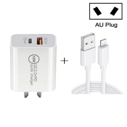 SDC-18W 18W PD 3.0 Type-C / USB-C + QC 3.0 USB Dual Fast Charging Universal Travel Charger with USB to 8 Pin Fast Charging Data Cable, AU Plug-garmade.com