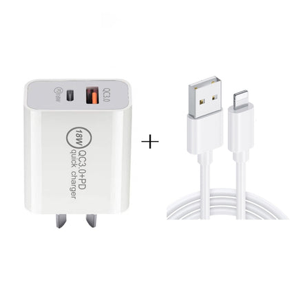 SDC-18W 18W PD 3.0 Type-C / USB-C + QC 3.0 USB Dual Fast Charging Universal Travel Charger with USB to 8 Pin Fast Charging Data Cable, AU Plug-garmade.com