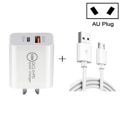 SDC-18W 18W PD + QC 3.0 USB Dual Fast Charging Universal Travel Charger with USB to Micro USB Fast Charging Data Cable, AU Plug-garmade.com