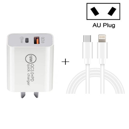 SDC-18W 18W PD + QC 3.0 USB Dual Port Fast Charging Universal Travel Charger with Type-C / USB-C to 8 Pin Fast Charging Data Cable, AU Plug-garmade.com