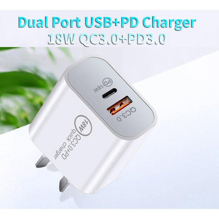 SDC-18W 18W PD + QC 3.0 USB Dual Port Fast Charging Universal Travel Charger with Type-C / USB-C to 8 Pin Fast Charging Data Cable, AU Plug-garmade.com