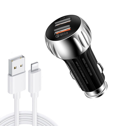 YSY-310QC18W QC3.0 Dual Port USB Car Charger + 3A USB to 8 Pin Data Cable, Cable Length: 1m(Black)-garmade.com