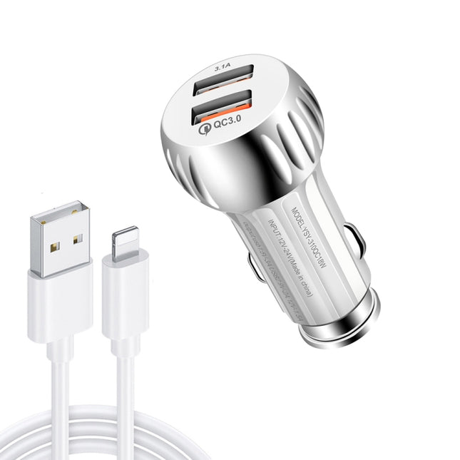 YSY-310QC18W QC3.0 Dual Port USB Car Charger + 3A USB to 8 Pin Data Cable, Cable Length: 1m(White)-garmade.com