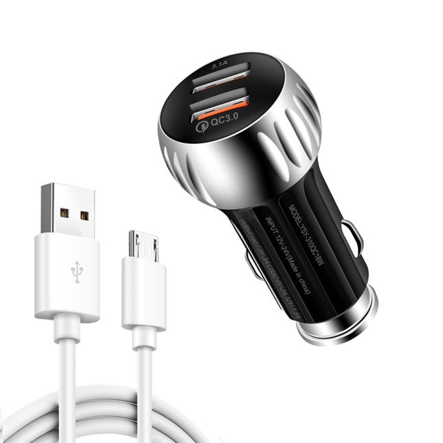 YSY-310QC18W QC3.0 Dual Port USB Car Charger + 3A USB to Micro USB Data Cable, Cable Length: 1m(Black)-garmade.com