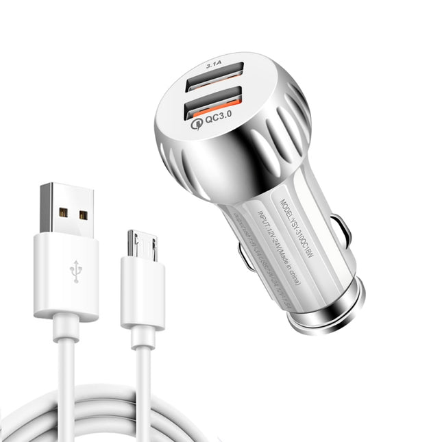YSY-310QC18W QC3.0 Dual Port USB Car Charger + 3A USB to Micro USB Data Cable, Cable Length: 1m(White)-garmade.com