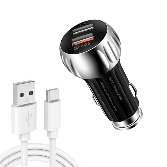 YSY-310QC18W QC3.0 Dual Port USB Car Charger + 3A USB to USB-C / Type-C Data Cable, Cable Length: 1m(Black)-garmade.com