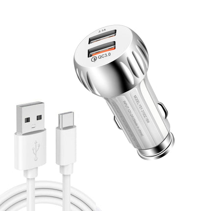 YSY-310QC18W QC3.0 Dual Port USB Car Charger + 3A USB to USB-C / Type-C Data Cable, Cable Length: 1m(White)-garmade.com