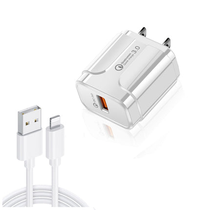 LZ-023 18W QC 3.0 USB Portable Travel Charger + 3A USB to 8 Pin Data Cable, US Plug(White)-garmade.com
