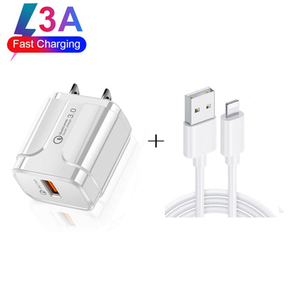 LZ-023 18W QC 3.0 USB Portable Travel Charger + 3A USB to 8 Pin Data Cable, US Plug(Black)-garmade.com