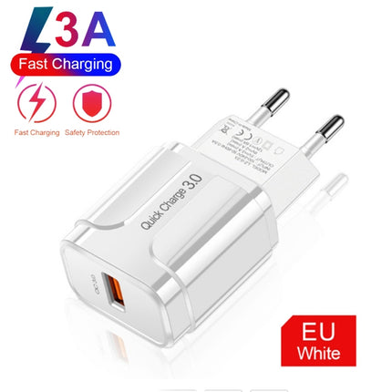 LZ-023 18W QC 3.0 USB Portable Travel Charger + 3A USB to 8 Pin Data Cable, EU Plug(White)-garmade.com