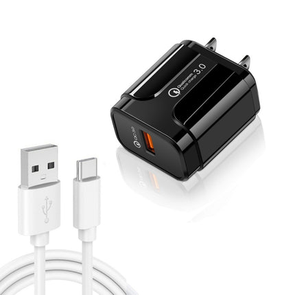LZ-023 18W QC3.0 USB Portable Travel Charger + 3A USB to Type-C Data Cable, US Plug(Black)-garmade.com