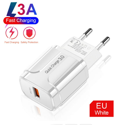 LZ-023 18W QC 3.0 USB Portable Travel Charger + 3A USB to Type-C Data Cable, EU Plug(White)-garmade.com