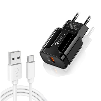 LZ-023 18W QC 3.0 USB Portable Travel Charger + 3A USB to Type-C Data Cable, EU Plug(Black)-garmade.com