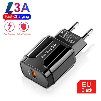 LZ-023 18W QC 3.0 USB Portable Travel Charger + 3A USB to Micro USB Data Cable, EU Plug(Black)-garmade.com