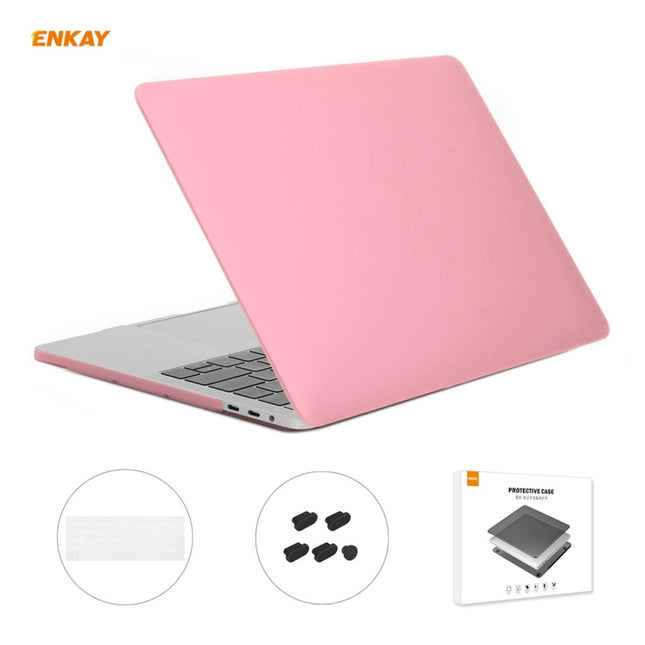 ENKAY 3 in 1 Matte Laptop Protective Case + EU Version TPU Keyboard Film + Anti-dust Plugs Set for MacBook Pro 13.3 inch A1706 / A1989 / A2159 (with Touch Bar)(Pink)-garmade.com