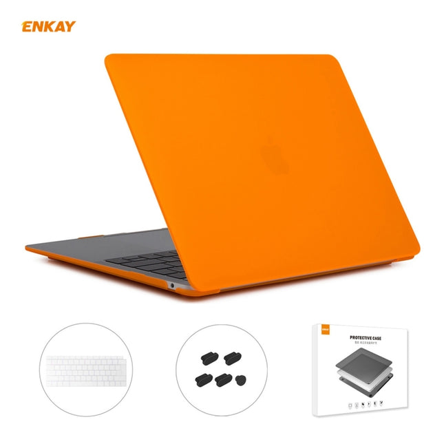 ENKAY 3 in 1 Matte Laptop Protective Case + EU Version TPU Keyboard Film + Anti-dust Plugs Set for MacBook Air 13.3 inch A1932 (2018)(Orange)-garmade.com