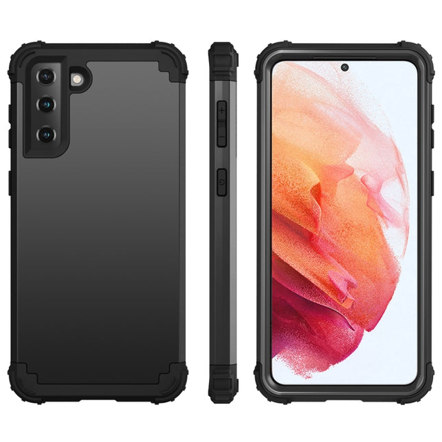 For Samsung Galaxy S21 5G PC+ Silicone Three-piece Anti-drop Mobile Phone Protective Back Cover(Black)-garmade.com