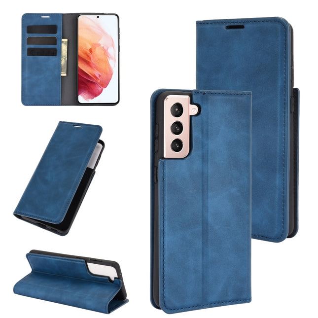 For Samsung Galaxy S21 Plus 5G Retro-skin Business Magnetic Suction Leather Case with Holder & Card Slots & Wallet(Dark Blue)-garmade.com