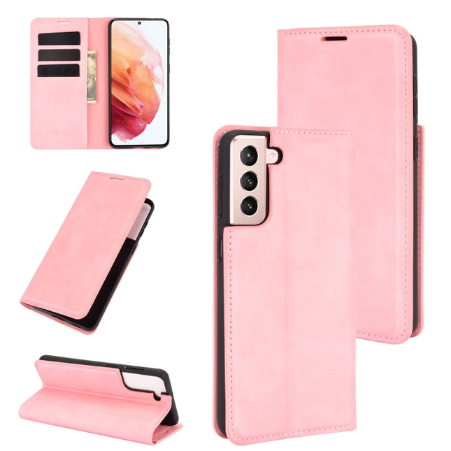 For Samsung Galaxy S21 Plus 5G Retro-skin Business Magnetic Suction Leather Case with Holder & Card Slots & Wallet(Pink)-garmade.com