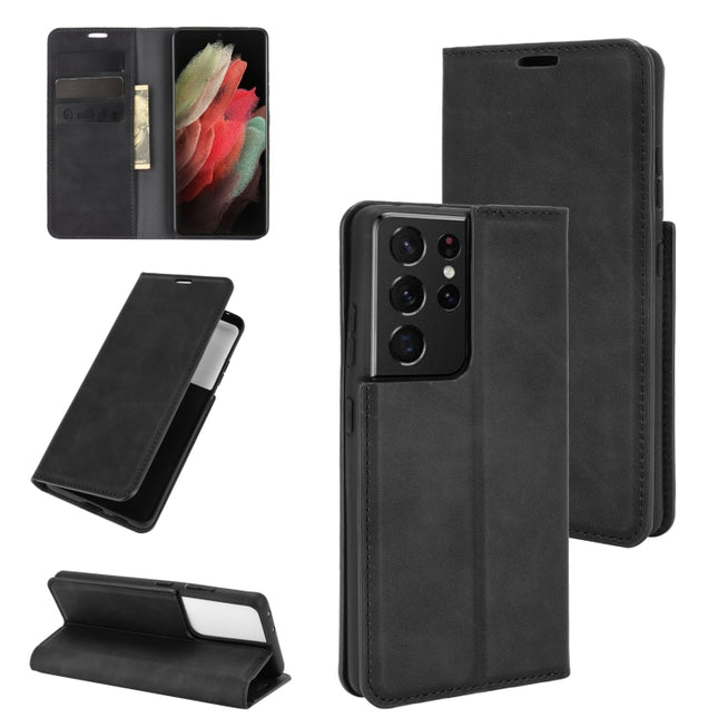 For Samsung Galaxy S21 Ultra 5G Retro-skin Business Magnetic Suction Leather Case with Holder & Card Slots & Wallet(Black)-garmade.com