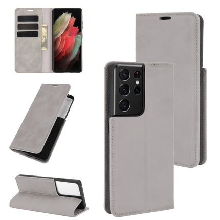 For Samsung Galaxy S21 Ultra 5G Retro-skin Business Magnetic Suction Leather Case with Holder & Card Slots & Wallet(Grey)-garmade.com