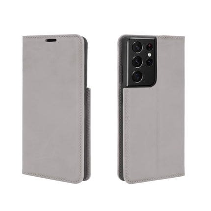 For Samsung Galaxy S21 Ultra 5G Retro-skin Business Magnetic Suction Leather Case with Holder & Card Slots & Wallet(Grey)-garmade.com