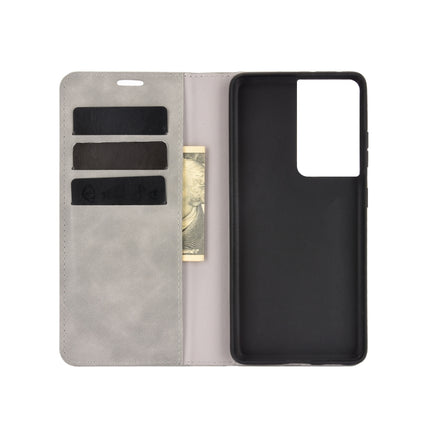 For Samsung Galaxy S21 Ultra 5G Retro-skin Business Magnetic Suction Leather Case with Holder & Card Slots & Wallet(Grey)-garmade.com