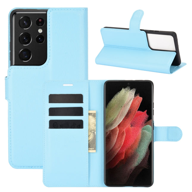 For Samsung Galaxy S21 Ultra 5G Litchi Texture Horizontal Flip Protective Case with Holder & Card Slots & Wallet(Blue)-garmade.com
